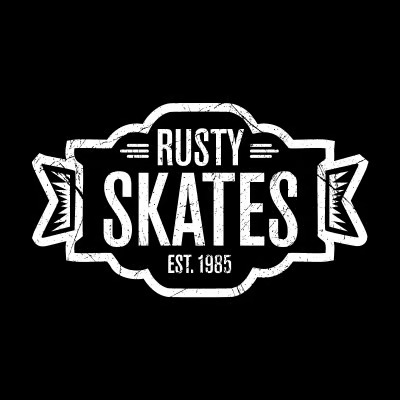 Rusty Skates: Black-and-white Rusty Skates logo featuring the words “Est. 1985.”