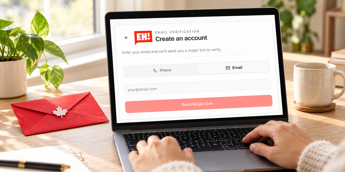 The EH! sign-up screen showing the option to create an account with an email address.