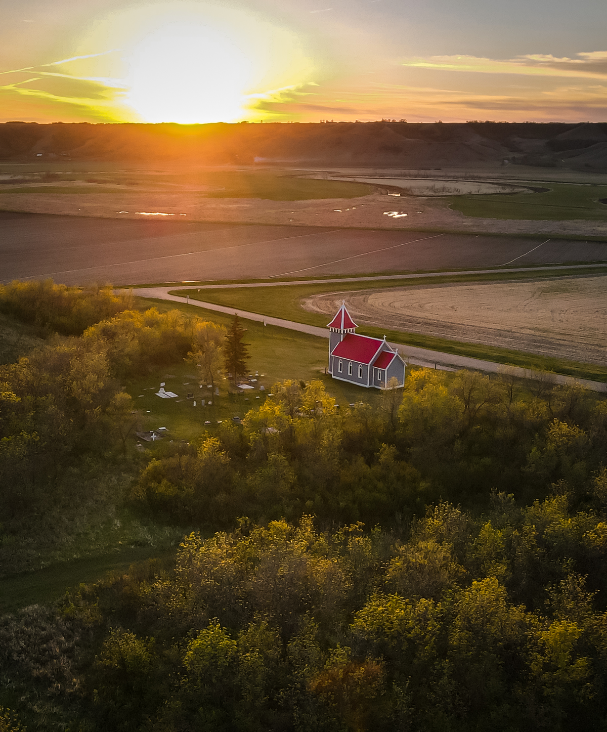 Church with sunset, green forest 