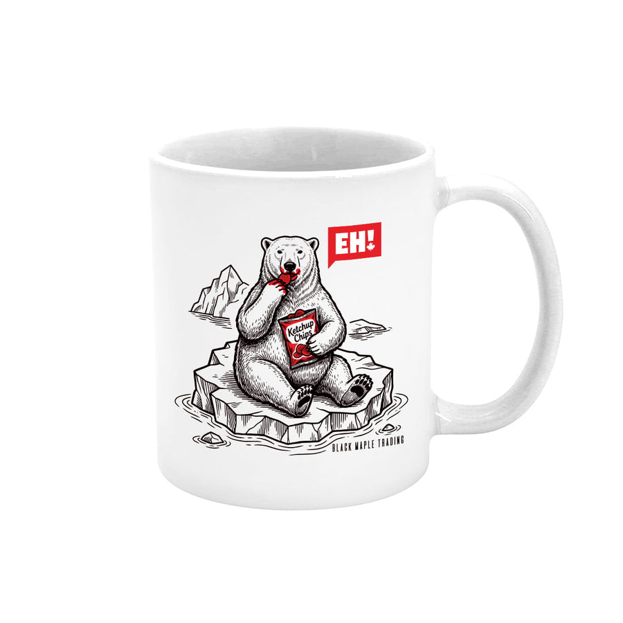 White EH! mug featuring a moose relaxing in a Muskoka chair.