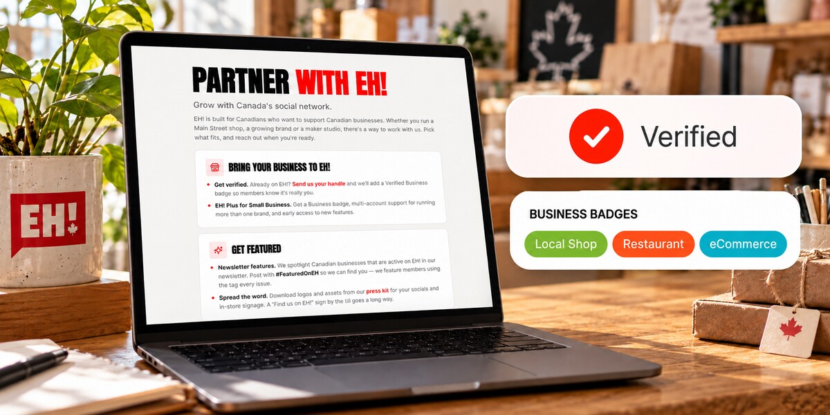 Laptop displaying EH!’s partnership page alongside Verified, Local Shop, Restaurant and eCommerce profile badges in a Canadian small-business setting.