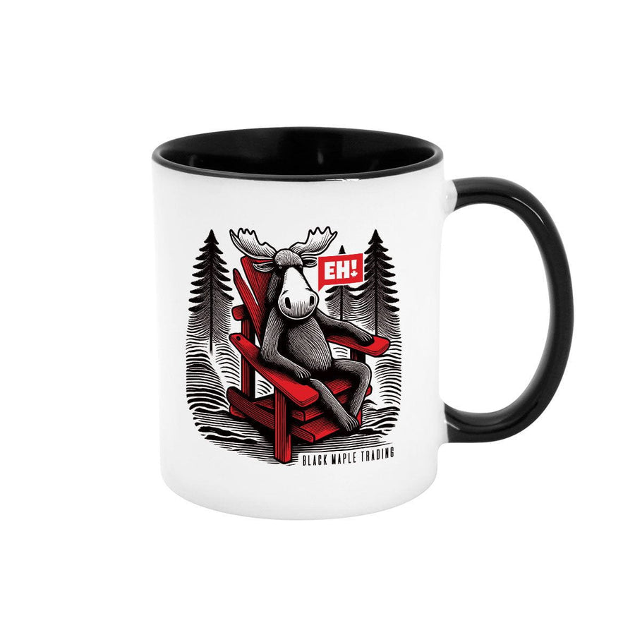 White EH! mug featuring a moose relaxing in a Muskoka chair.