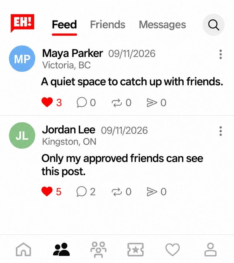 EH! Friends Feed showing posts shared only with approved friends.